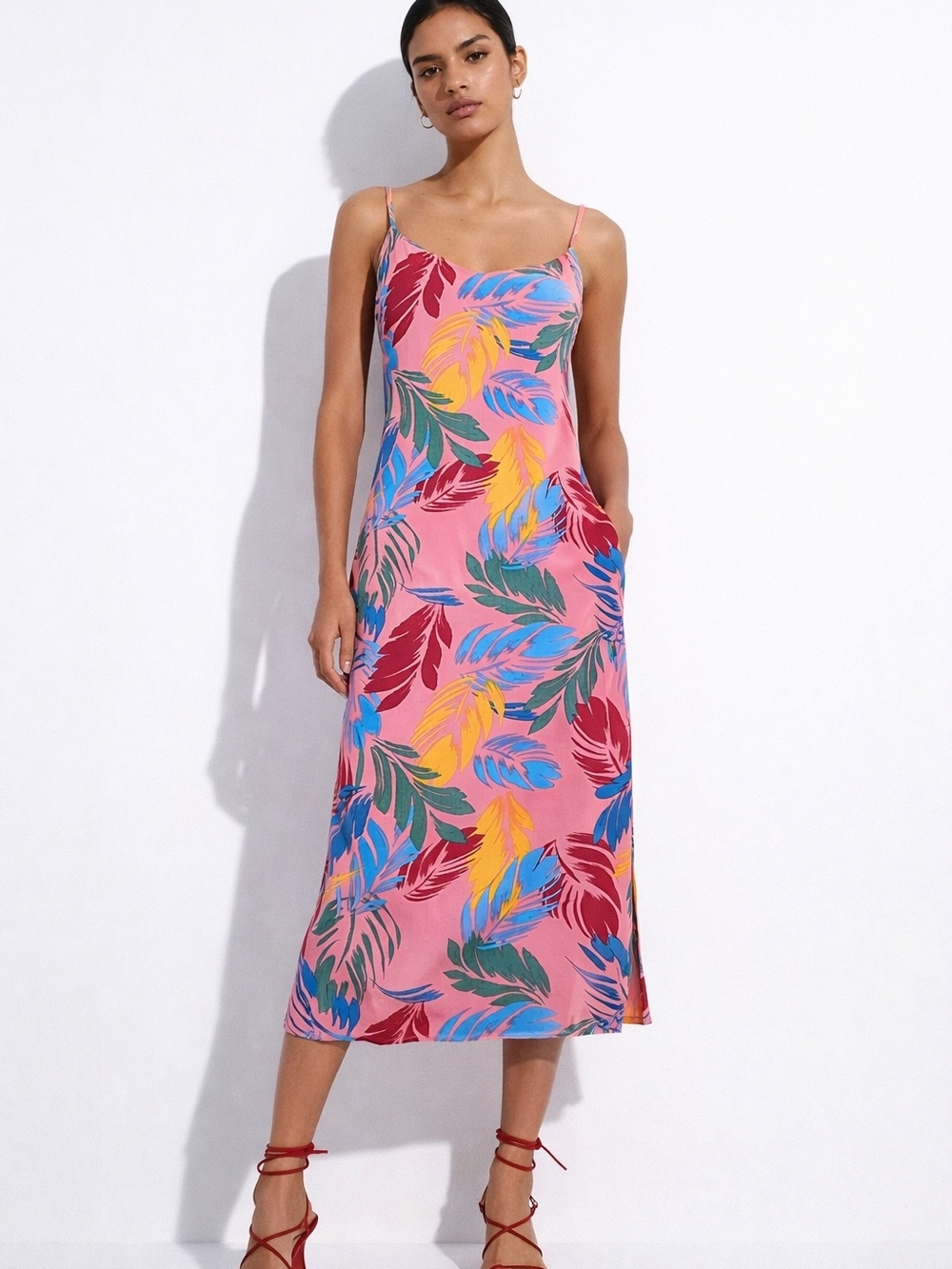 Tropical Pink Slip Dress with Multicolor Leaf Print